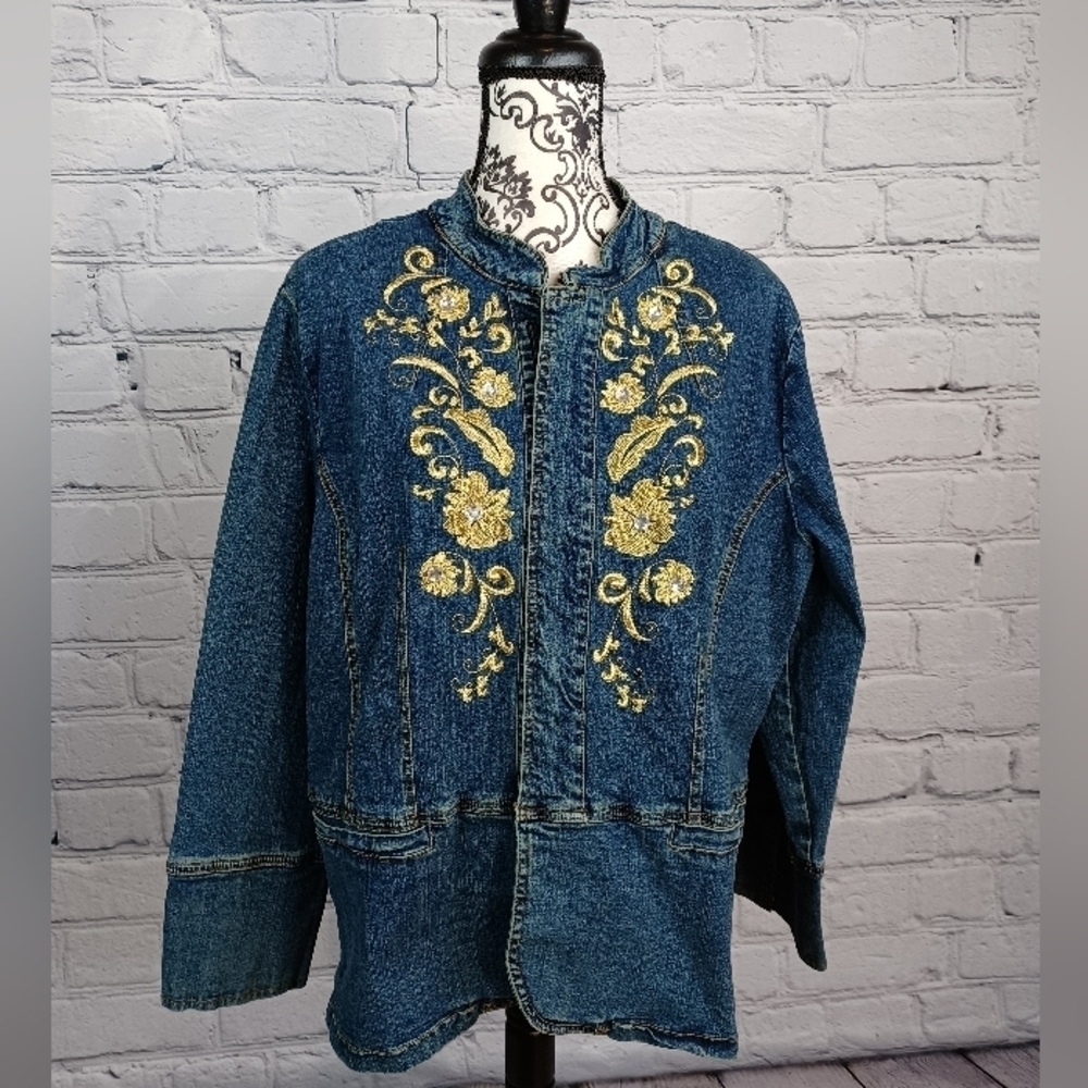 Denim 24/7 women's long sleeve zip front jacket floral stitch sz 22 stretch b3